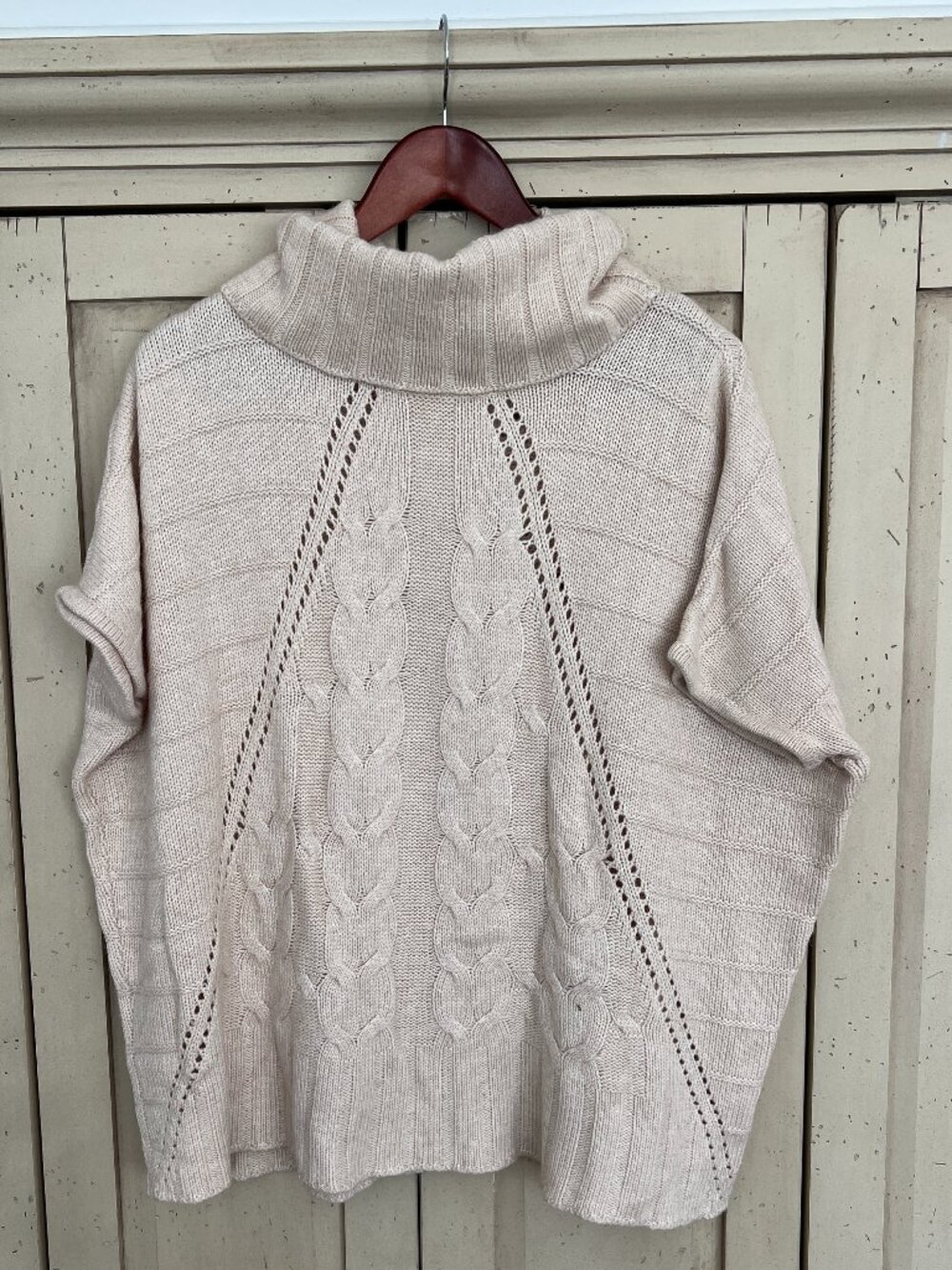 Design History Cowl Neck Poncho Sweater Cable Knit Pointelle Cream Blush XS